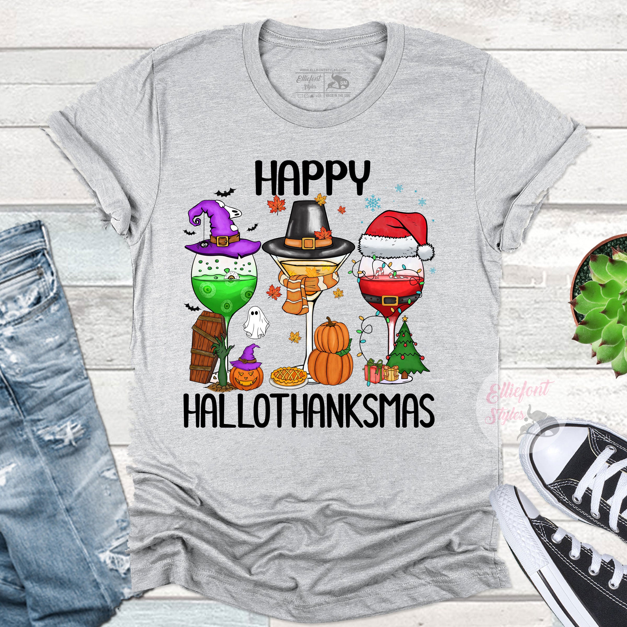 Cute fall holiday shirt combining Halloween Thanksgiving and Christmas designs