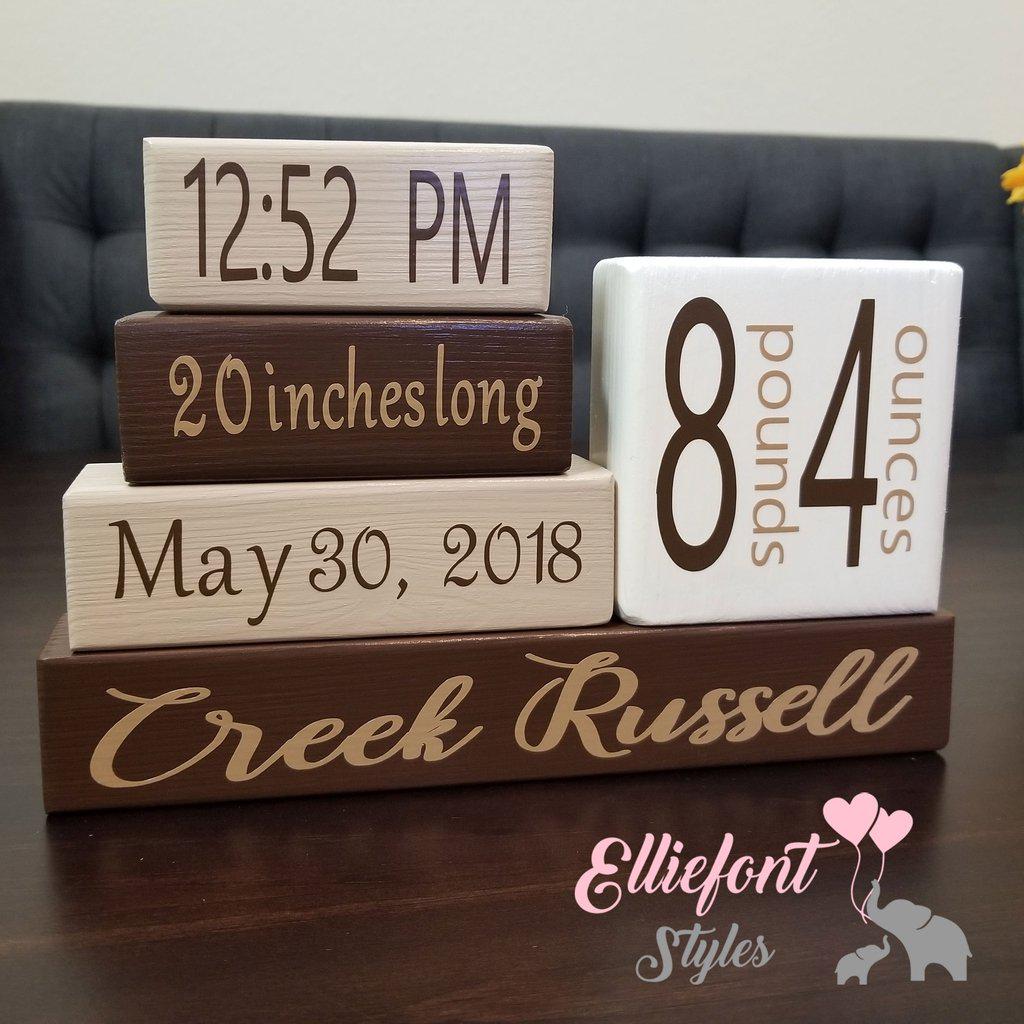 Engraved wooden baby blocks set featuring newborn stats
