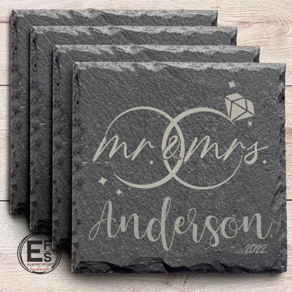 Engraved last name slate coaster set with MR & MRS and wedding rings for anniversary or wedding gift