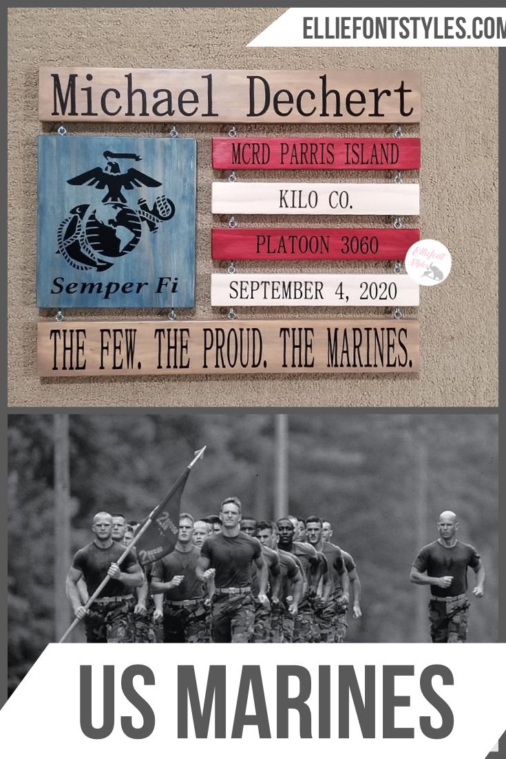 Wooden American flag board engraved with Marine’s name and special saying