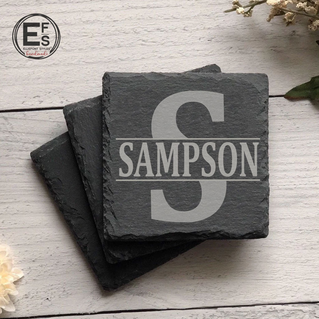 Engraved realtor gift slate coasters personalized with split monogram for new homeowners