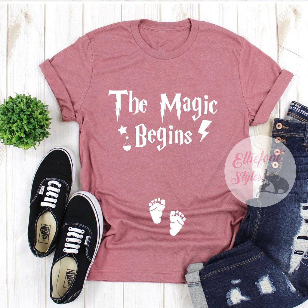 Gift idea pregnancy announcement shirt with wizard baby theme and The Magic Begins words