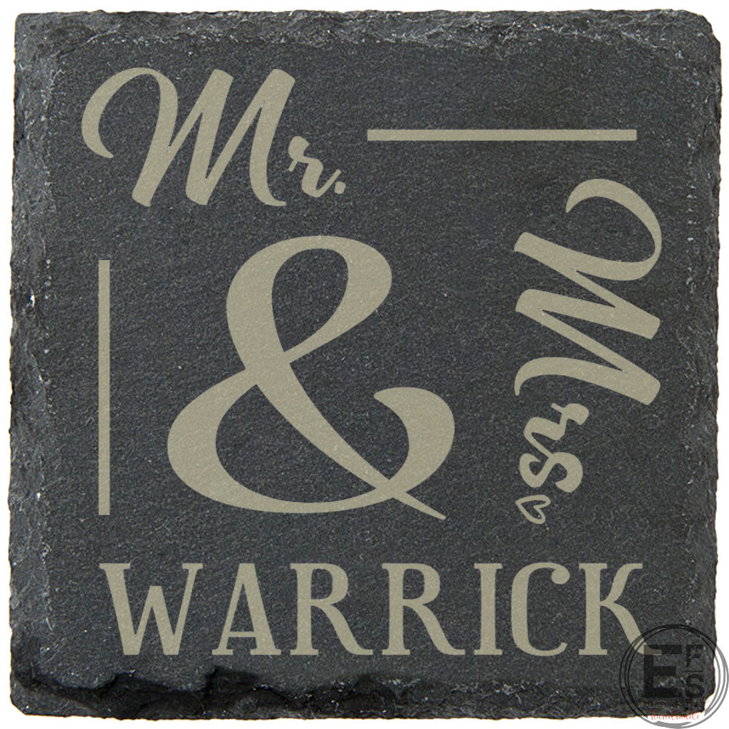 Handcrafted wedding gift slate coasters personalized with MR & MRS design
