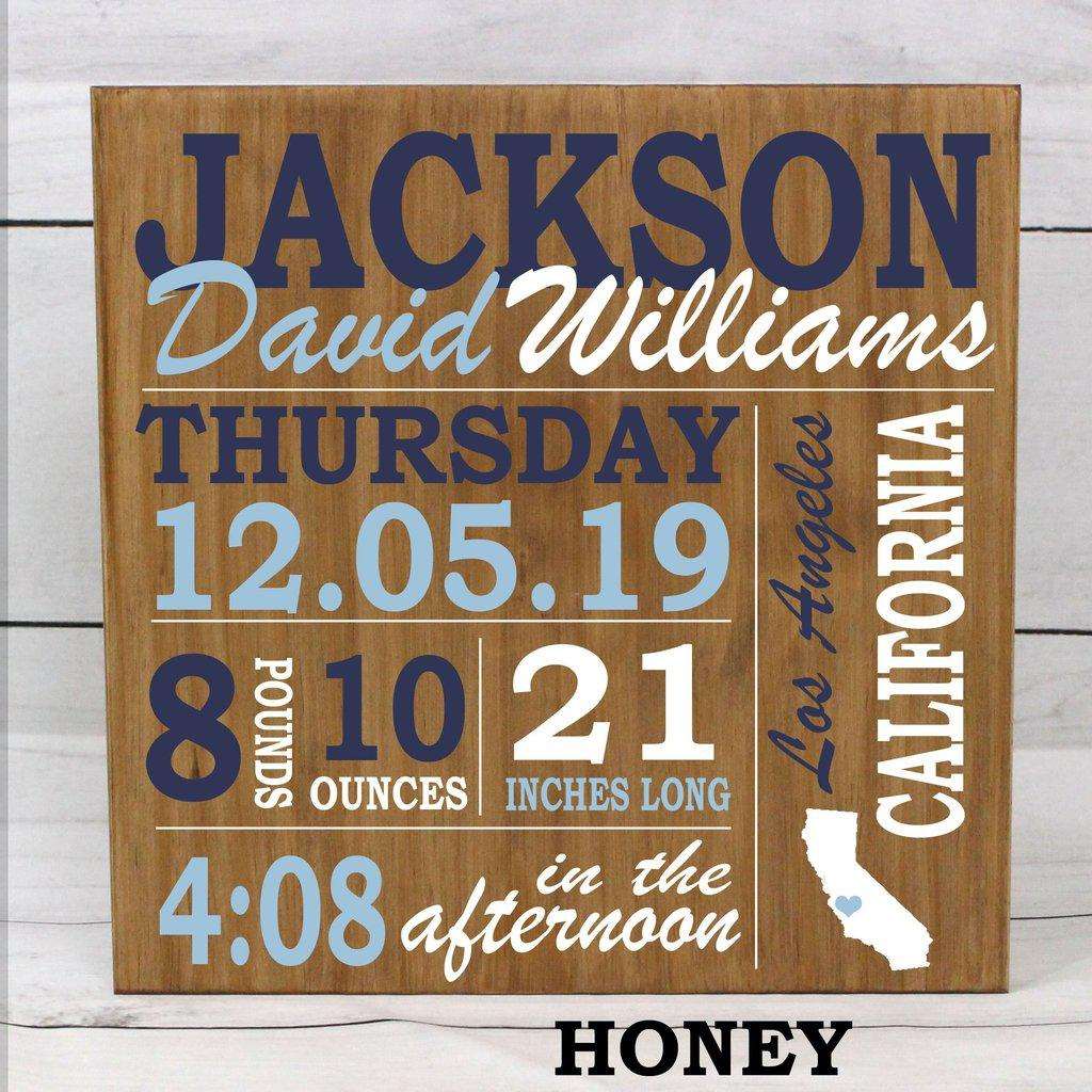 Custom wooden baby birth stats board crafted as a family heirloom