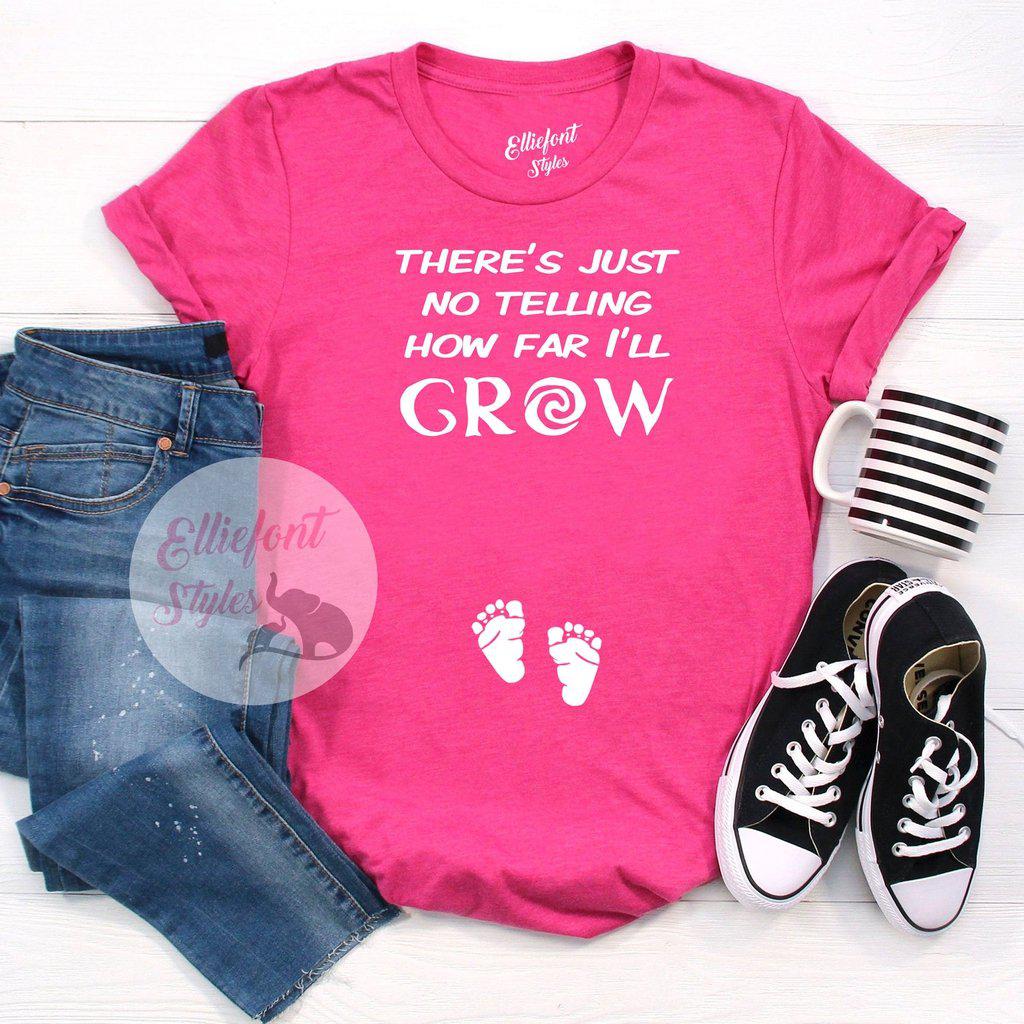 How Far I’ll Grow maternity reveal shirt with Disney-inspired theme