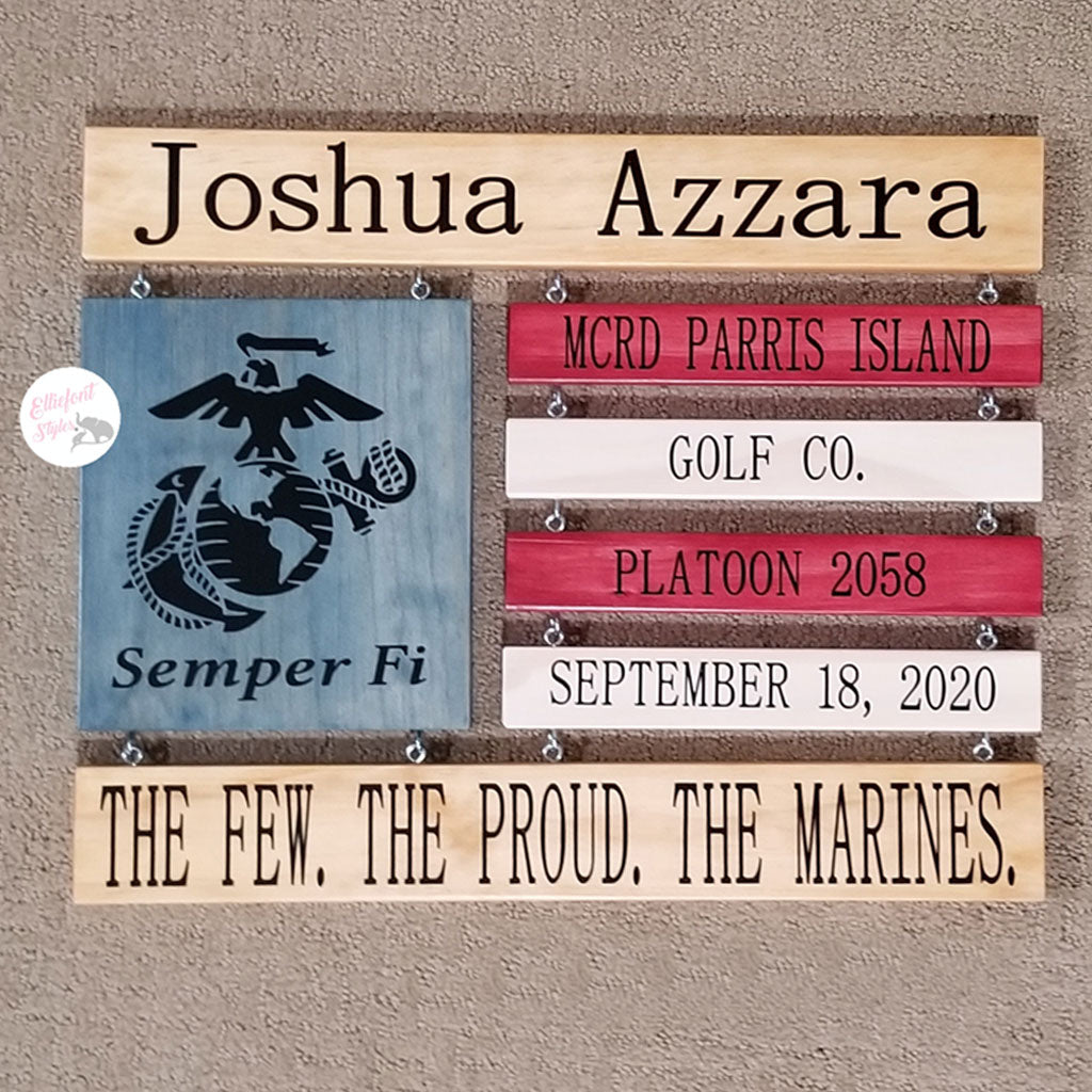 Wooden American flag board designed as a Marine boot camp graduation keepsake
