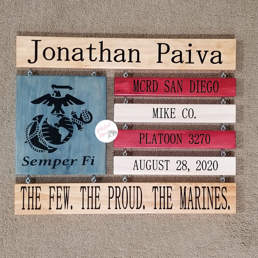 Custom wooden flag sign commemorating Marine Corps boot camp graduation