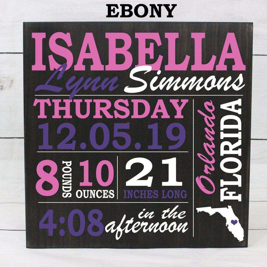 Custom engraved wooden birth stats sign packaged as a gift for new parents