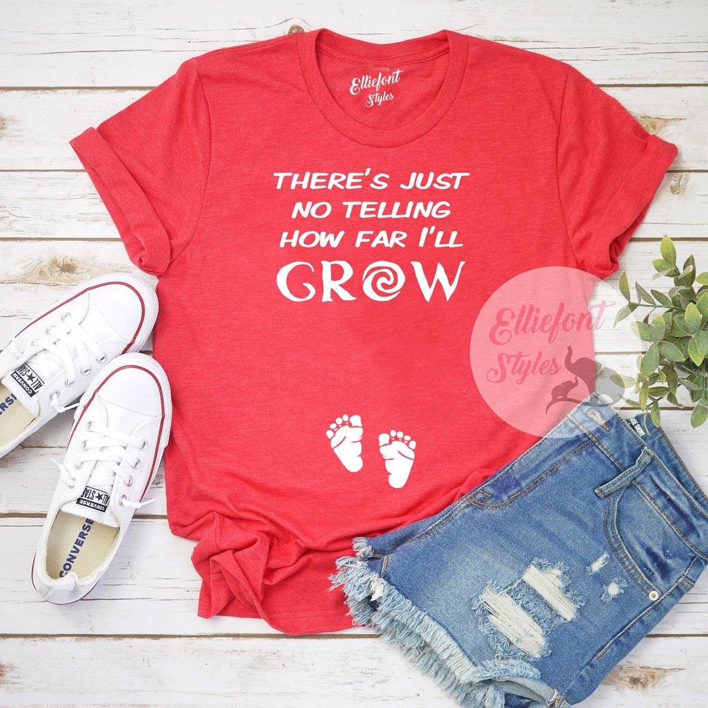 There’s Just No Telling How Far I’ll Grow pregnancy announcement shirt with baby footprints