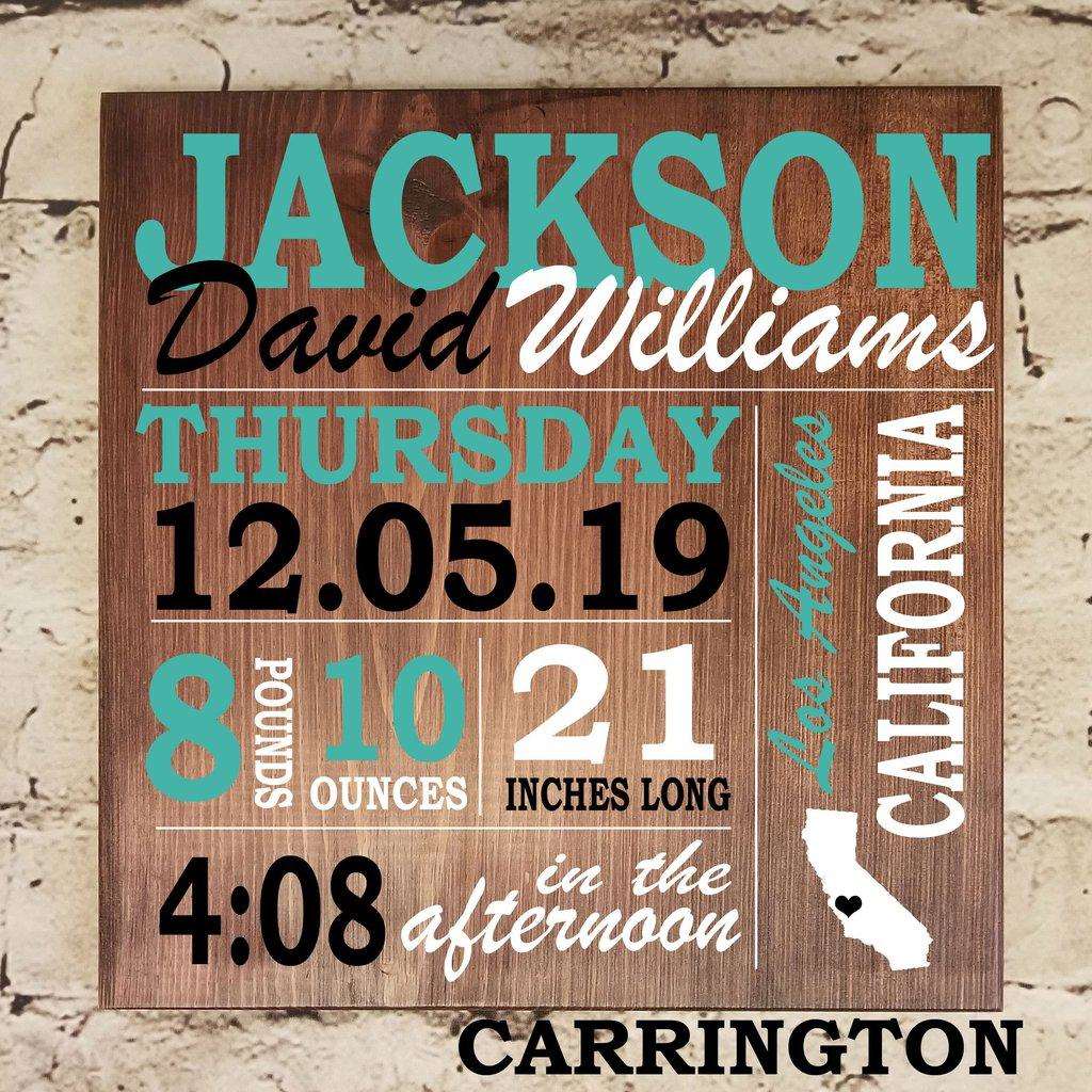 Wooden baby birth stats sign displayed as nursery wall décor