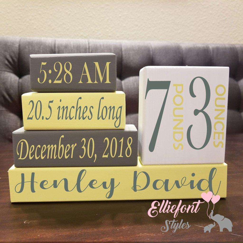 Wooden baby birth stat blocks styled as nursery décor