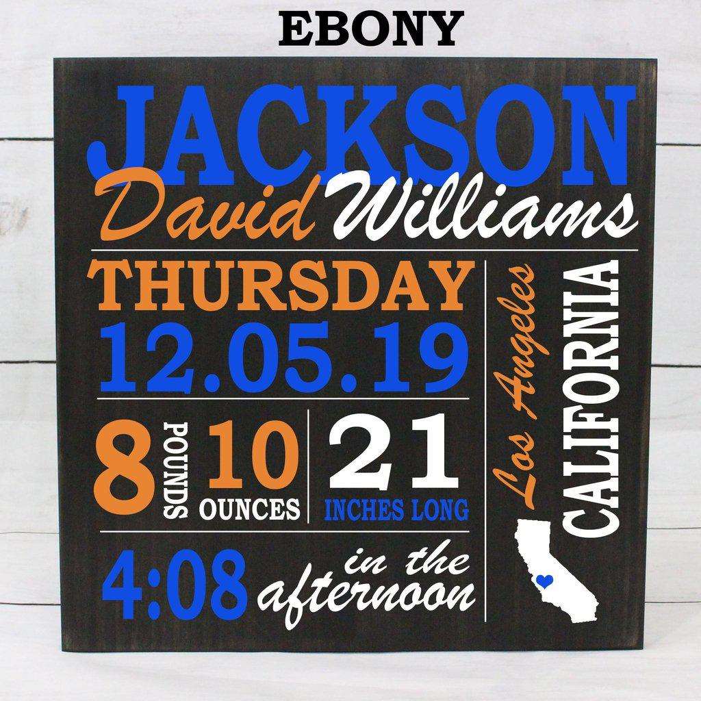 Wooden baby birth stats sign styled as nursery wall art décor