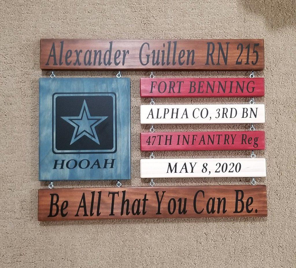 Custom Army flag sign engraved with Soldier’s fort, unit, and graduation date
