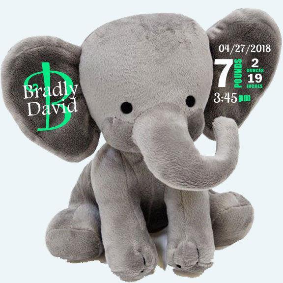 Gray stuffed animal elephant personalized with permanent vinyl birth details