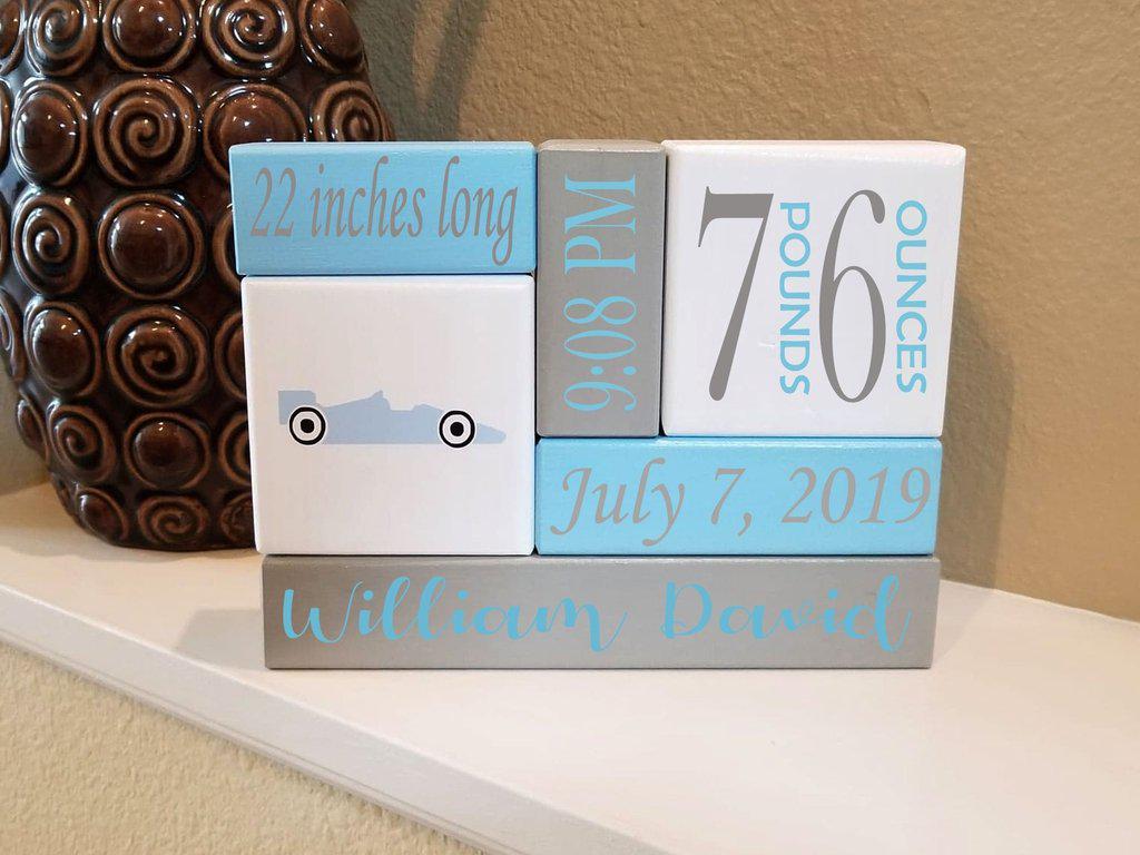 Wooden baby blocks set given as a personalized baby shower gift