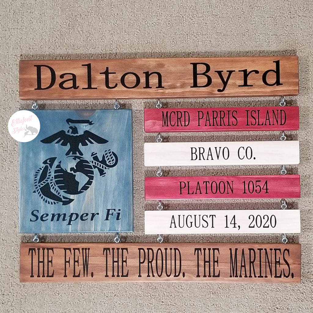 Personalized wooden flag sign engraved with Marine’s company, platoon, and graduation date