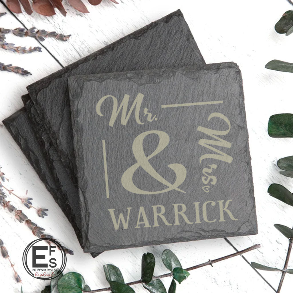Personalized MR & MRS slate coasters engraved with couple’s last name for wedding gift