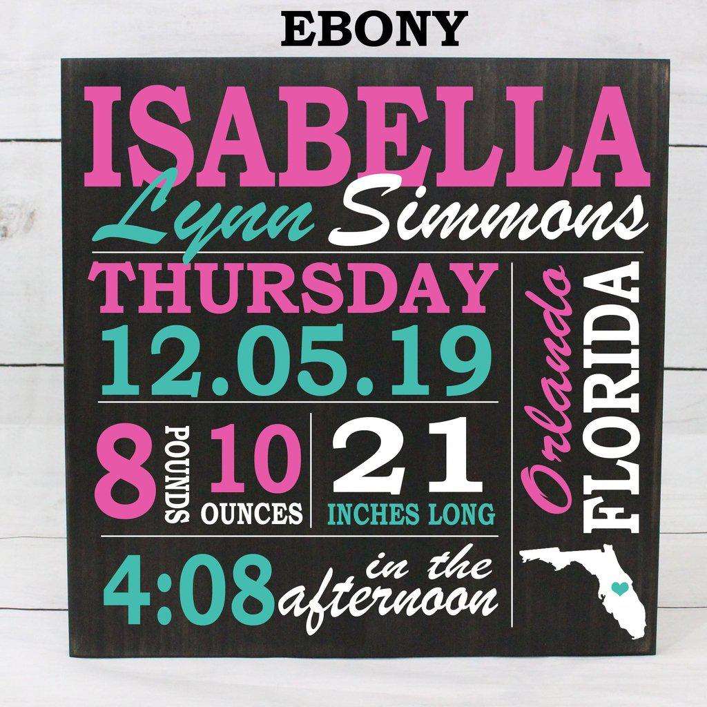 Wooden baby birth stats board with engraved date, time, weight, and length