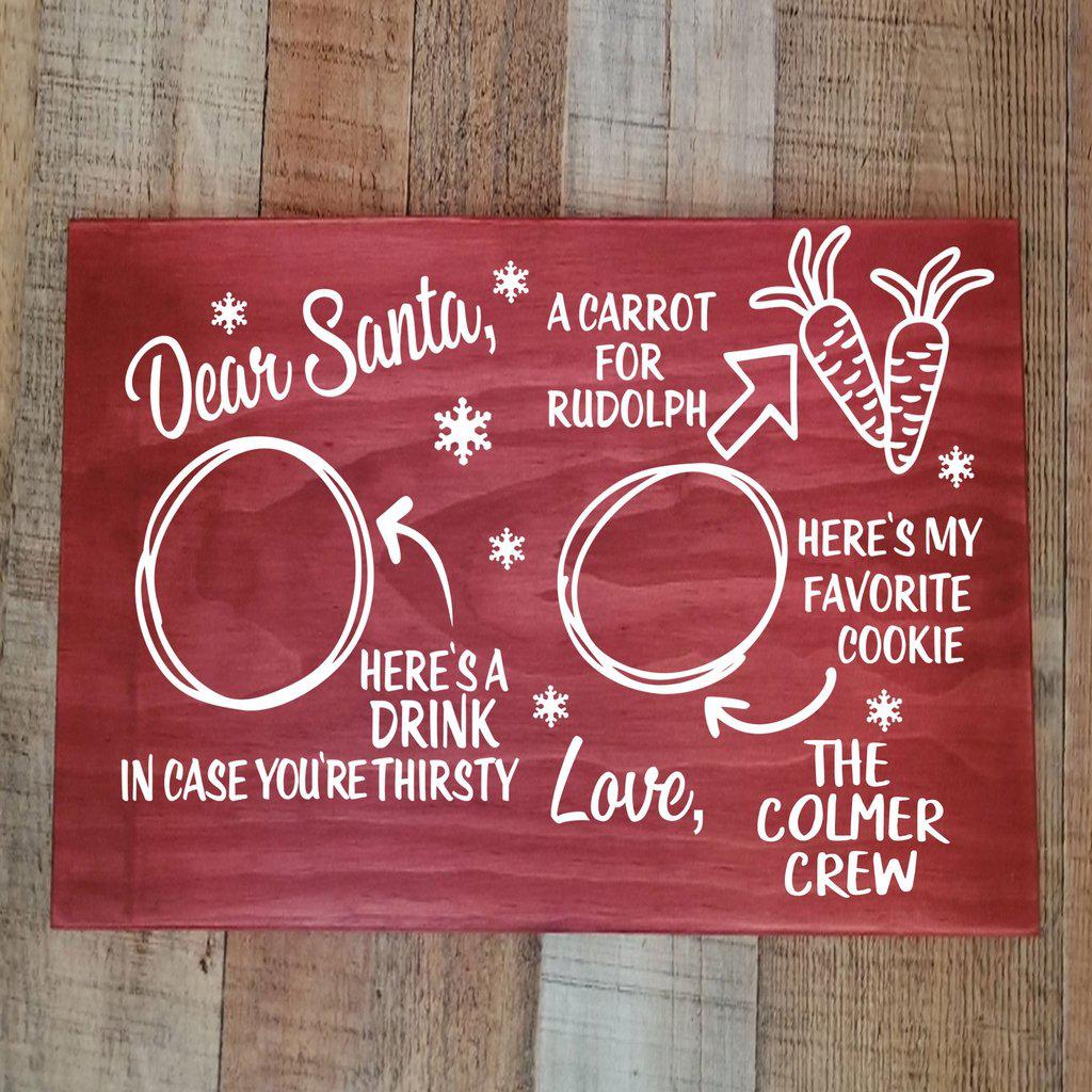 Personalized wooden Santa cookie tray for milk, cookies, and Rudolph’s carrot.