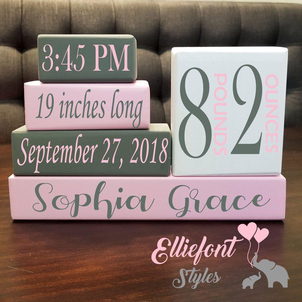 Personalized stacking baby birth blocks with name, weight, and length