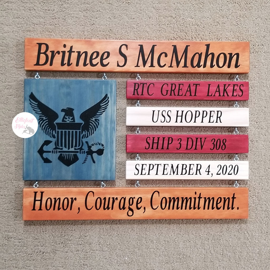 Wooden American flag board designed for Navy boot camp graduation at RTC Great Lakes