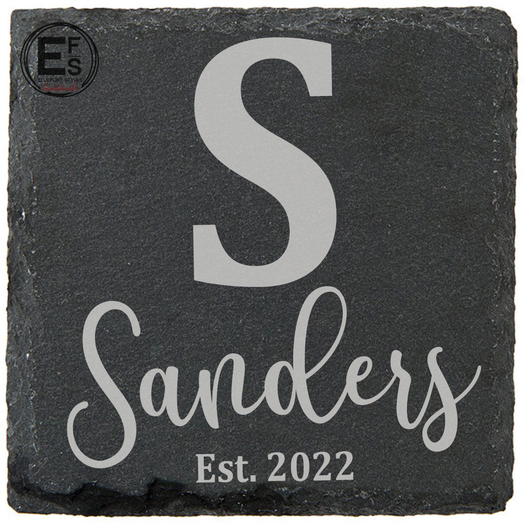 Unique wedding gift monogram slate coasters engraved with last name for couples