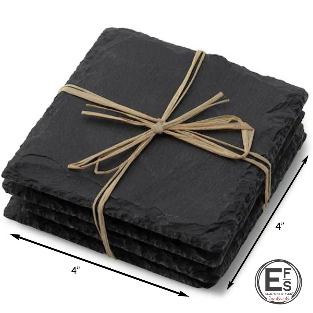 Personalized wedding or anniversary gift slate coasters featuring engraved home address and family name