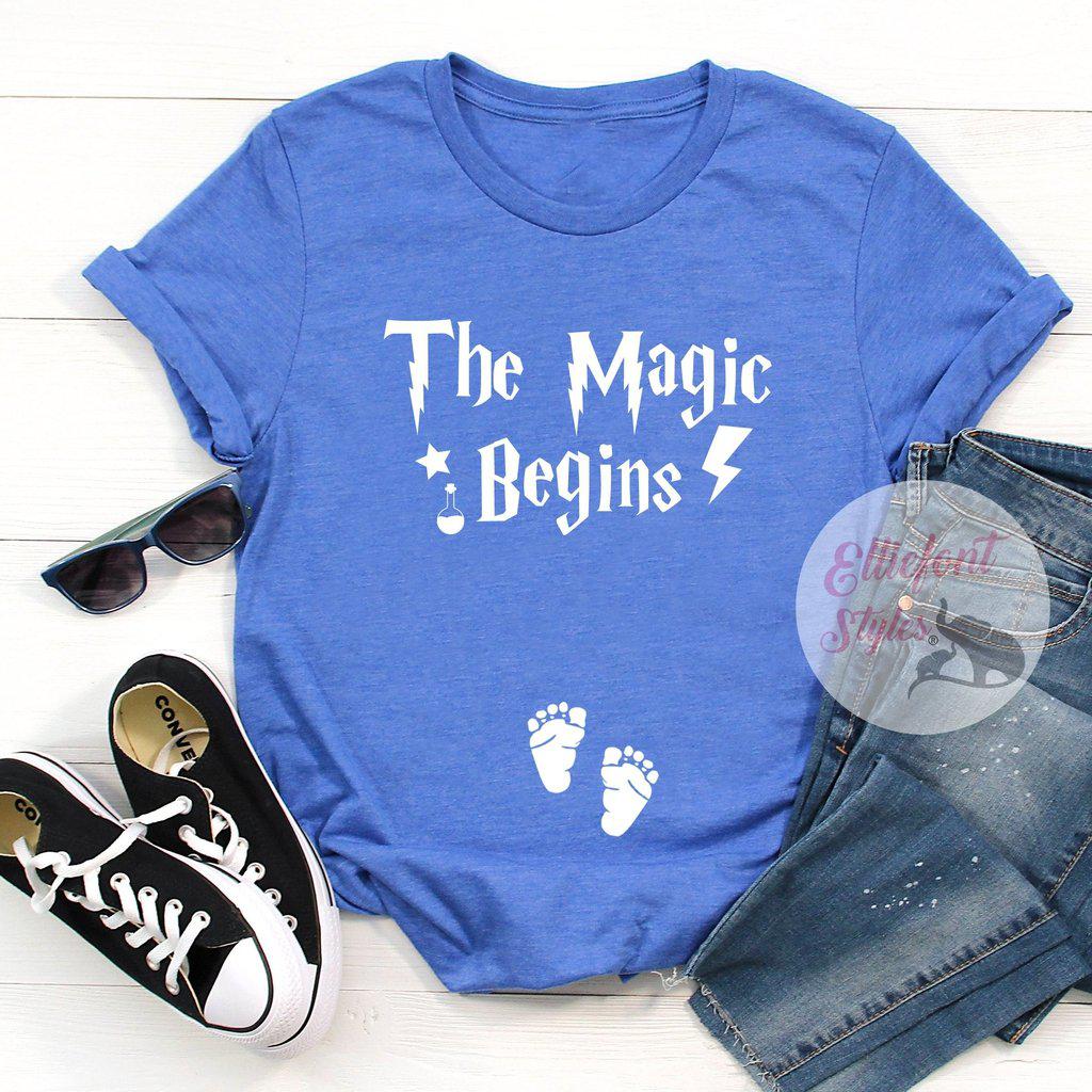 Wizard baby reveal pregnancy shirt with The Magic Begins words and footprints